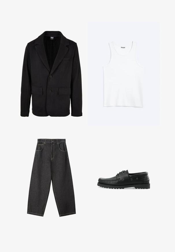 Sort blazerjakke lavet af blødt stof med klapkrave, to forlommer og to-knaps lukning. Klassisk design med minimal struktur.; Hvid ærmeløs tanktop med rund halsudskæring og Weekday-mærke på den indvendige baghals, vist fladt på lys baggrund.; Sorte denim brede bukser med gule sømme, fem-lomme-design og en mid-rise talje. Struktureret stof med en glat overflade.; Sorte læder bådsko med tekstureret overflade, snørebåndsdesign, gummisål med trækkraft og metaløjer på siderne.