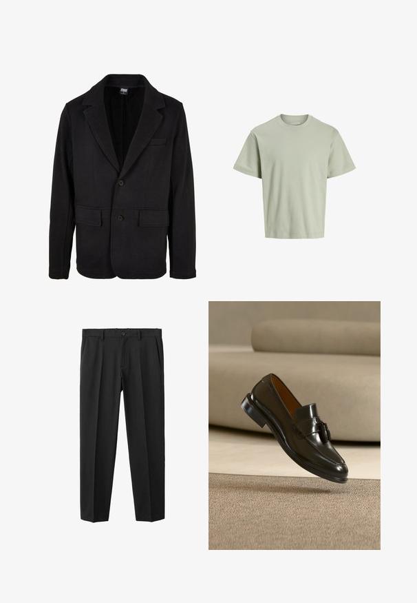 Veste noire en tissu doux avec un col cranté, deux poches avant et une fermeture à deux boutons. Design classique avec une texture minimale.; T-shirt en coton vert clair avec un col rond classique, des manches courtes et une coupe décontractée. Texture lisse sans motifs ni accents visibles.; Pantalon noir avec une coupe ajustée, devant plissé, passants pour ceinture et fermeture par bouton. Confectionné en tissu lisse avec une jambe droite.; Mocassin en cuir noir avec pompons flottant au-dessus d'un tapis beige avec un canapé beige en arrière-plan.