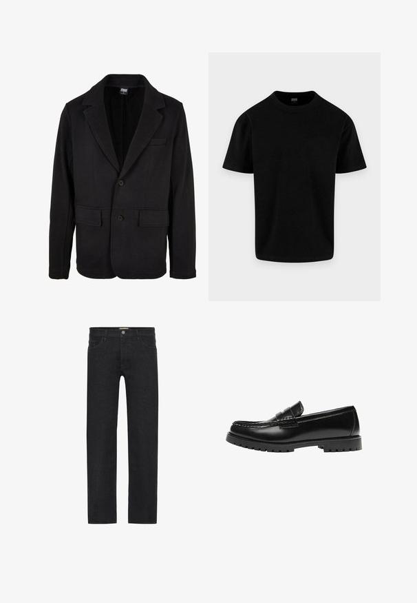 Schwarze Blazerjacke aus weichem Stoff mit einem Reverskragen, zwei Fronttaschen und einer Zwei-Knopf-Verschluss. Klassisches Design mit minimaler Textur.; Schlichtes schwarzes Kurzarm-Baumwoll-T-Shirt mit Rundhalsausschnitt und regulärer Passform, dargestellt auf einem hellgrauen Hintergrund.; Schwarze gerade Jeans aus Denim mit einem Knopfverschluss am Bund, fünf Taschen und einem minimalistischen Design ohne sichtbare Muster.; Schwarzer Leder-Slipper mit dicker Gummisohle und klassischem Penny-Detail an der Riemen, von der Außenseite gezeigt.