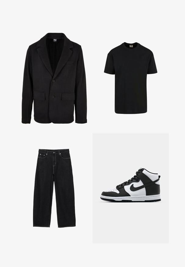 Čierny sako vyrobené z mäkkej látky s klopovým golierom, dvoma prednými vreckami a zapínaním na dva gombíky. Klasický dizajn s minimálnou textúrou.; Urban Classics SHORTSLEEVE - Základné tričko - black; Čierne široké džínsy s prednými vreckami, pútkami na opasok a zapínaním na gombík.; Čierno-biele vysoké tenisky s koženým zvrškom, perforovanou špičkou, výrazným logom swoosh a textúrovanou gumovou podrážkou.