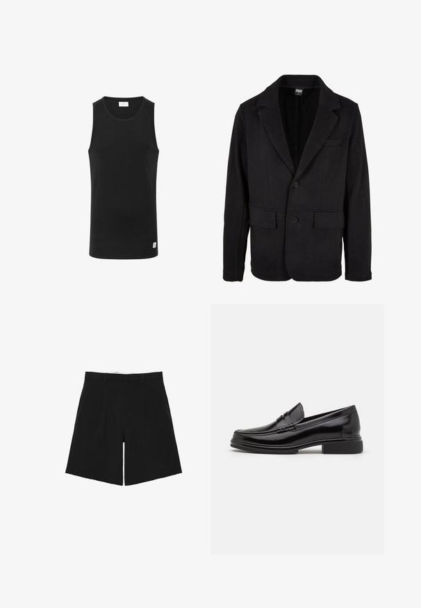 Veste noire en tissu doux avec un col cranté, deux poches avant et une fermeture à deux boutons. Design classique avec une texture minimale.; Débardeur noir sans manches en tissu côtelé, avec un col rond et une petite étiquette logo à l'ourlet. Design simple et ajusté.; Short noir sur mesure avec passants de ceinture, plis devant et poches latérales, posé à plat sur un fond blanc.; Mocassins en cuir noir avec un embout arrondi, présentant un détail cousu sur le dessus, et un petit talon carré. Texture lisse et finition brillante.