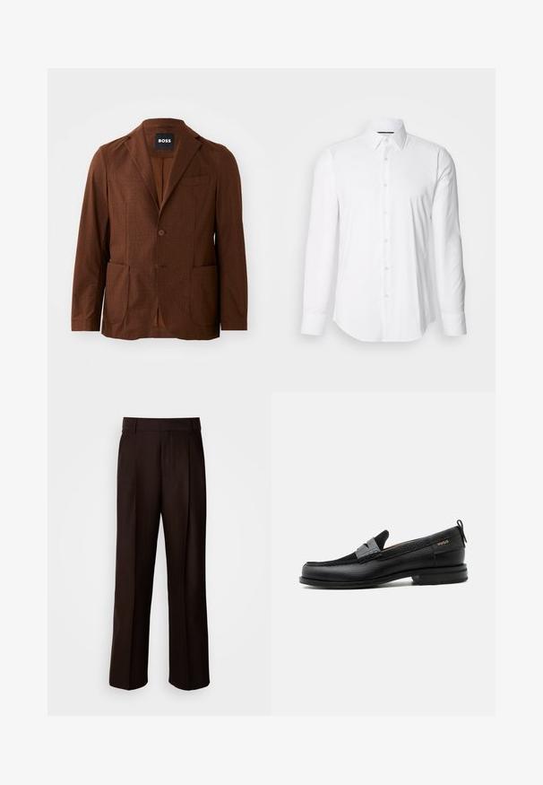 Brun mønstret blazer med notch-lapel, to forlommer og en enkelt knaplukning. Fremstillet af struktureret stof. Velegnet til afslappet brug.; Hvid langærmet skjorte lavet af glat stof, med klassisk krave og knap-front design samt en buet kant. Knapperne er diskret blanke.; Brune skræddersyede bukser med lige ben, featuring en frontfold, glat texture og klassisk talje. Egnet til formelt brug.; Sort læderloafer med grå remdetalje, lav hæl og tekstureret sål, mærket med "HUGO" i guld på siden.