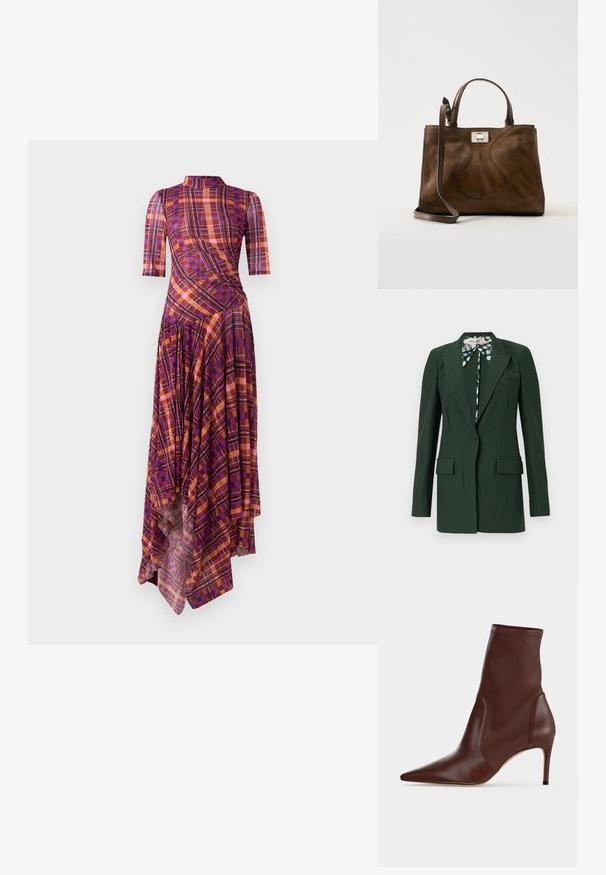 Donkergroene op maat gemaakte blazer met een enkele knoopsluiting, ingezette revers, twee voorzakken en een patroon van een dasspeld aan de binnenkant.; Paarse en oranje geruite jurk met korte mouwen, een nepbies, een asymmetrische zoom en vloeiende plooien met een mix van geometrische patronen.; Donkerbruine leren enkellaars met spitse neus en smalle hoge hak tegen een effen lichte achtergrond.; Bruine suède handtas met leren handgrepen en verstelbare schouderriem, met een zilverkleurige sluiting op een effen witte achtergrond.