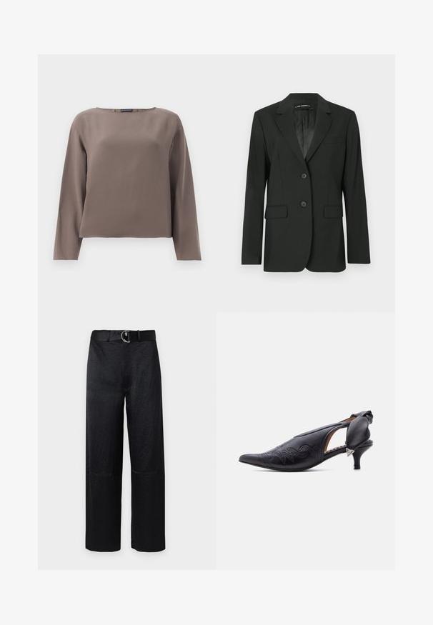 Blazer negro con solapas muescas, dos botones y dos bolsillos frontales. Tejido suave con detalles de costura y un forro interior liso.; Blusa marrón de manga larga con un escote amplio, fabricada en una tela suave y lisa. Presenta un ajuste relajado y un diseño minimalista sin adornos.; Pantalones de pierna ancha negros con un acabado texturizado, que cuentan con un cinturón con una hebilla circular de plata y costuras mínimas.; Zapato de tacón slingback de cuero negro con punta puntiaguda, detalles bordados y un tacón bajo tipo kitten, con un lazo acolchado y un adorno triangular plateado.