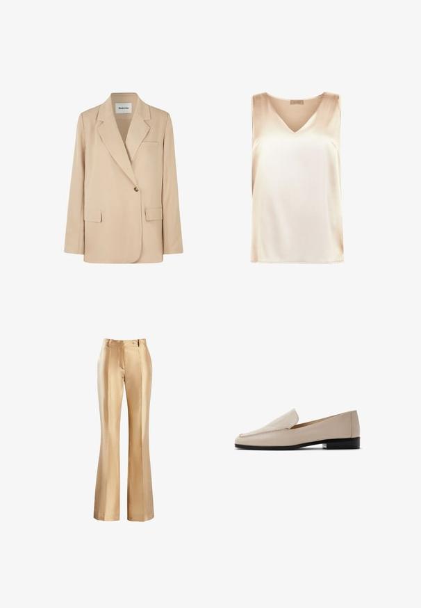 Beige blazer med en struktureret design, to forlommer, enkelt knaplukning og skarpe revers. Fremstillet af glat, letvægtsstof.; Beige ærmeløs top lavet af glat stof med v-hals design og lige kant. Minimalistisk stil uden yderligere mønstre eller accenter.; Beige satin flared bukser med en glat tekstur, der har en lynlås foran og en enkelt knaplukning. To sidelommer og pyntesøm.; Beige læderloafers med en glat tekstur, rund tå og minimal syning. Med en lav sort hæl og slip-on design.