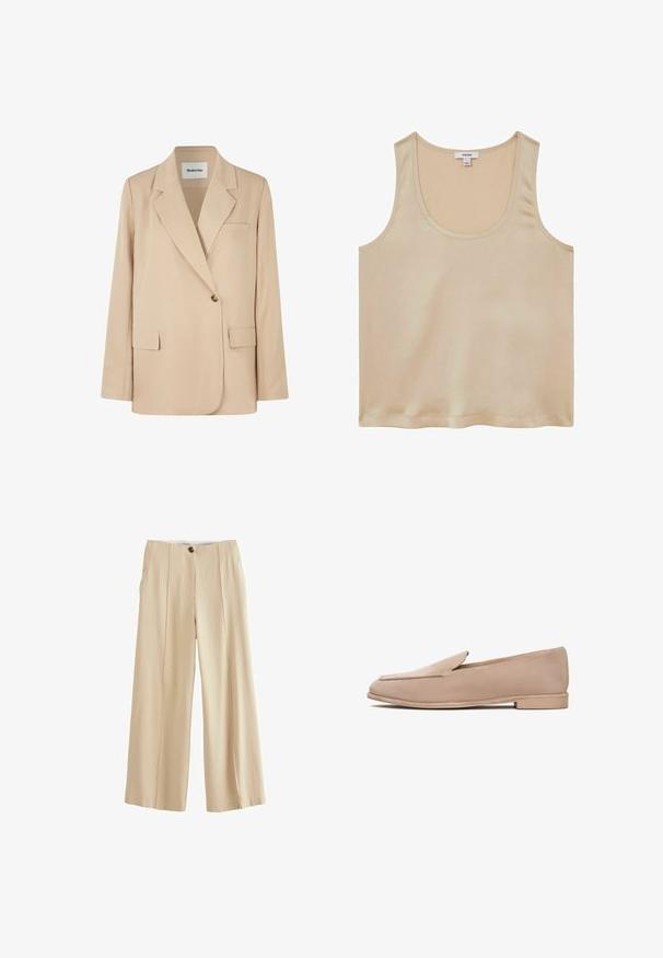 Beige blazer med en struktureret design, to forlommer, enkelt knaplukning og skarpe revers. Fremstillet af glat, letvægtsstof.; Reiss REGULAR FIT - Bluse - neutral; Next PINSTRIPE WIDE PETITE - Bukser - neutral; Beige ruskind loafers med flad sål, en diskret spids tå og minimal syning langs kanterne. Glat tekstur hele vejen rundt.