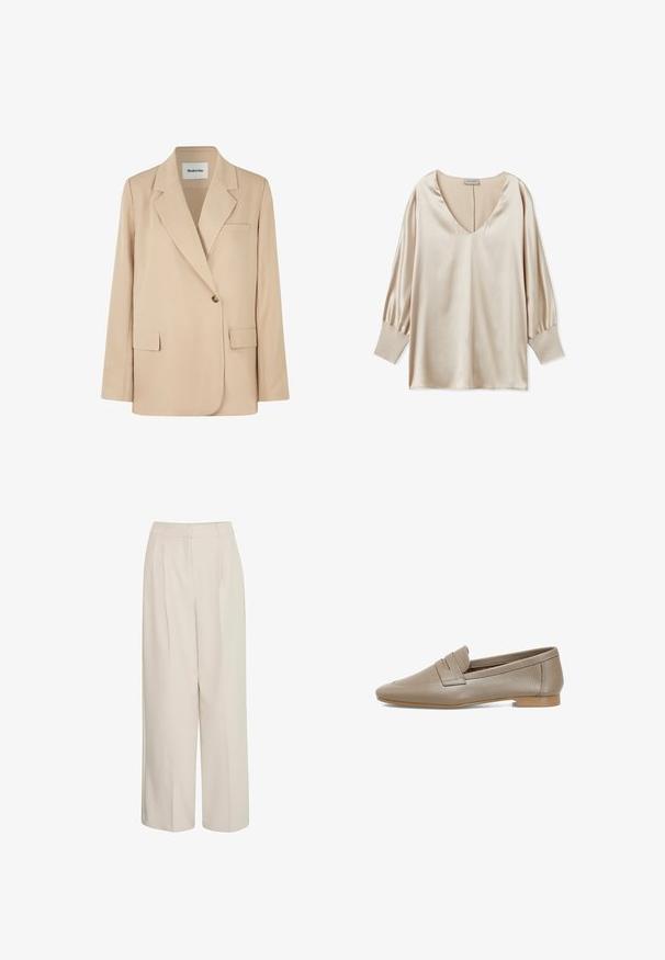 Beige blazer med en struktureret design, to forlommer, enkelt knaplukning og skarpe revers. Fremstillet af glat, letvægtsstof.; Beige satinbluse med dyb V-udskæring, lange puffærmer og tætsiddende manchetter. Glat tekstur og minimalistisk design.; Højtaljede cremede bukser med brede ben og pressefolder, lavet af glat stof, med et rent design og skræddersyet pasform.; Beige læder loafers med en tekstureret overflade, der har en flad hæl og en afrundet tå. Inkluderer en dekorativ plissering på vampen.