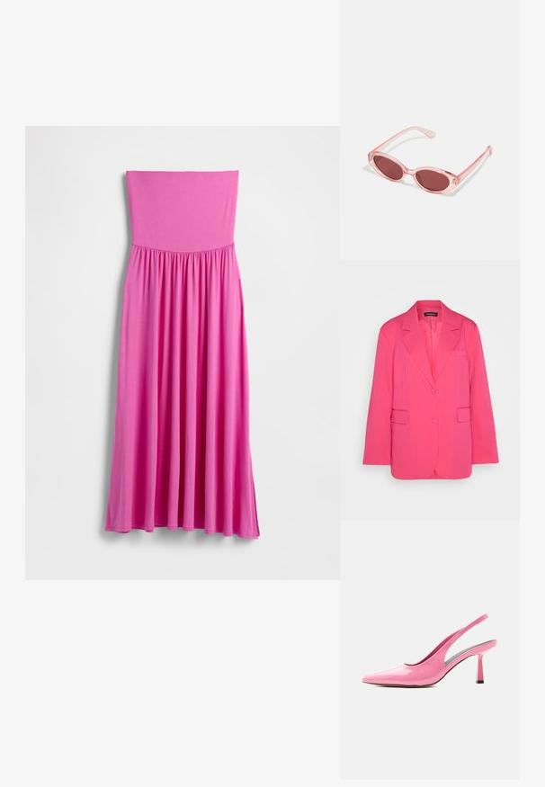 Even&Odd by Zalando Blazer - pink; Lang lyserød stropløs kjole lavet af letvægtsstof. Har en tætsiddende overdel og en flydende nederdel med en rynket talje.; Blank lyserød slingback-pumpe med spids tå og mellemhøj blokhæl på hvid baggrund.; Lyserøde transparente solbriller med ovale linser, mørkerød toning og slanke stænger, der har en glat overflade og diskret detaljering på rammen.