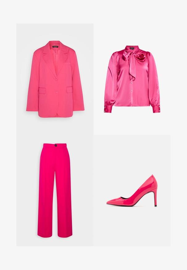 Even&Odd by Zalando Blazer - pink; Rosa satinbluse med høj hals, sløjfedetalje ved kraven og ballonlange ærmer. Har knaplukninger og teksturerede manchetter.; Fuchsia brede bukser med høj talje, frontfald og en enkelt sort knaplukning. Glat tekstur og skræddersyet design.; Lyst rød patentlæder højhælet pumpe med spids tå og slank silhuet, der har en tynd stilethæl og sort inderside.