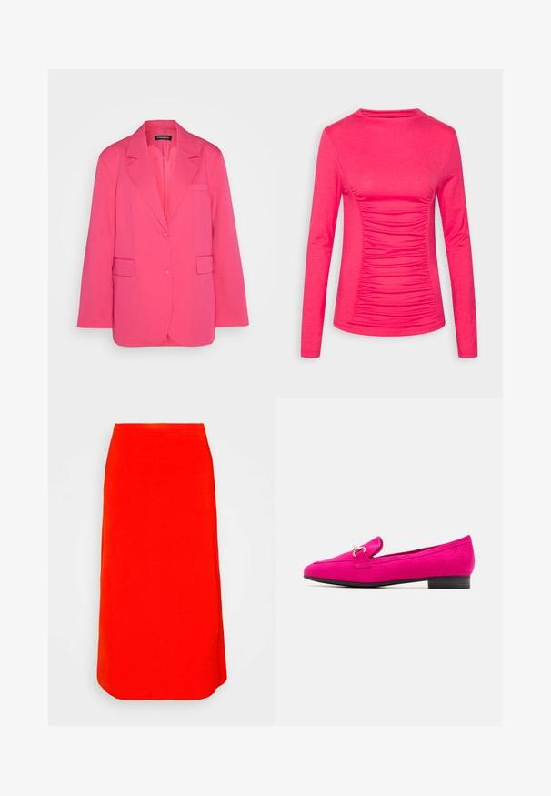 Even&Odd by Zalando Blazer - pink; Pieces PCMAXA MOCK NECK - T-shirt à manches longues - raspberry; Lindex SKIRT HILDE - Jupe trapèze - dark orange; Mocassins en daim fuchsia avec un talon plat noir, présentant une sangle décorative et un petit détail de boucle. Texture lisse et silhouette élégante.