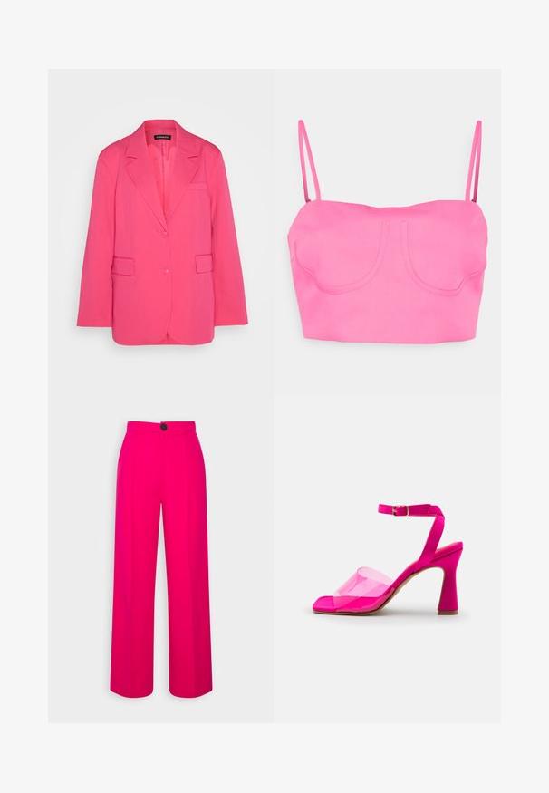 Even&Odd Σακάκι - pink; SOMETHINGNEW SNJANE UNDERWIRE SHORT BAR - Μπλούζα - shocking pink; Φουξία παντελόνια με φαρδιά πόδια και ψηλή μέση, με πιέτες μπροστά και έναν μόνο μαύρο κουμπί κλείσιμο. Λείο υλικό και κομψή σχεδίαση.; Ροζ σανδάλι με τακούνι, με διαφανή πλαστική λωρίδα, ανοιχτό μπροστινό σχέδιο και λεπτό τετράγωνο τακούνι, διαθέτοντας λουράκι αστραγάλου με κούμπωμα.