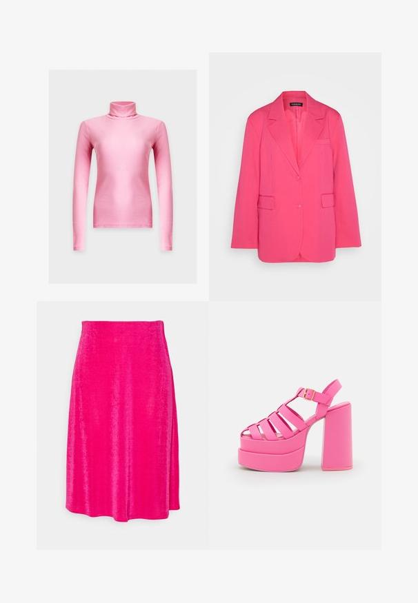 Even&Odd by Zalando Σακάκι - pink; Ροζ πλεκτό πουλόβερ με ζιβάγκο και ριμπ ύφανση, μακριά μανίκια και εφαρμοστή σιλουέτα, πάνω σε απλό ανοιχτό γκρι φόντο.; Monki Φούστα σε γραμμή Α - pink; Steve Madden CARLITA - Ψηλοτάκουνα πέδιλα - pink
