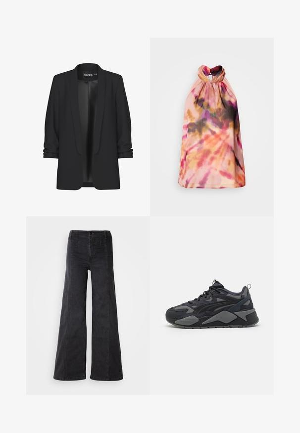 Sort blazer med sjalskrave, åben front og opkrøllede ærmer. Glat stof med en stilfuld finish, ingen synlige lukninger eller detaljer.; Halter-neck top i let, tekstureret stof med et tie-dye mønster i pink, orange og sorte nuancer, samt en nøglehul detalje i ryggen.; Bredde ben sorte denimjeans med høj talje, der har forlommer og minimal syning. Bomuldsstof giver en glat tekstur.; Sorte atletiske sneakers med mesh- og tekstiloverdel i grå nuancer, en kraftig sål og markante designlinjer.