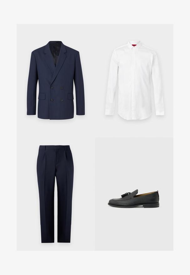Marineblauwe dubbelgeknoopte blazer met geknipte revers, twee voorzakken en zwarte knopen. Gemaakt van een gestructureerde stof, met een soepele binnenvoering.; Witte lange mouwen overhemd met een spitse kraag en verborgen knoopsluiting, weergegeven tegen een effen lichte achtergrond.; Marineblauwe tailored broek gemaakt van gestructureerde stof, met een rechte pasvorm, voorplooien en een klassieke tailleband met riemlussen.; Zwarte leren herenslof met kwastjes, ronde neus, lage hak en trekkoord aan de achterkant, zijaanzicht op lichtgrijze achtergrond.