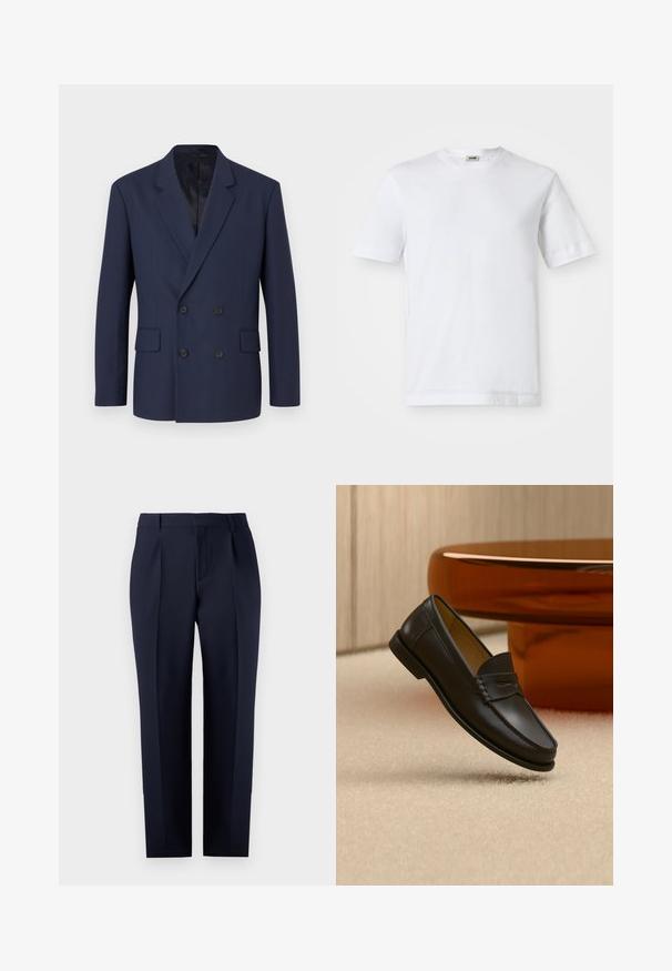 Marineblauer, doppelt geknöpfter Blazer mit Reverskragen, zwei vorderen Taschen und schwarzen Knöpfen. Aus strukturiertem Stoff gefertigt, mit glattem Innenfutter.; Weißes Baumwoll-T-Shirt mit kurzen Ärmeln, Rundhalsausschnitt und glatter Textur. Keine Muster oder Akzente sind sichtbar.; Marineblaue, maßgeschneiderte Hose aus strukturiertem Stoff, mit geradem Schnitt, Vorderfalten und einem klassischen Bund mit Gürtelschlaufen.; Schwarzer Leder-Loafer, der über einem hellbeigen Teppich schwebt, mit bernsteinfarbenen modernen Möbeln im Hintergrund.
