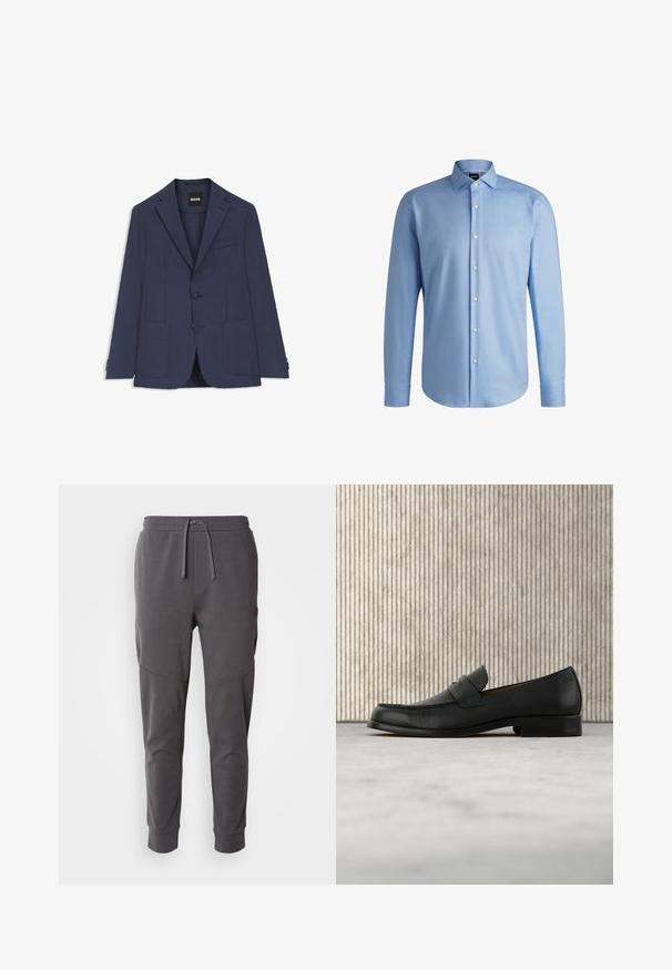 Herreblazer i marineblå, enkeltknappet med notched revers, to forlommer med lapper, to-knaps lukning og brystlomme, mærket BOSS.; BOSS H-JOE-SPREAD - Skjorter - light blue; Grå joggebukser lavet af blød stof med snor i taljen, har sidelommer og et tapered ankel design.; Sort lædersko i loafer-stil svæver over et beige tæppe med et blankt brunt rundt bord i baggrunden.