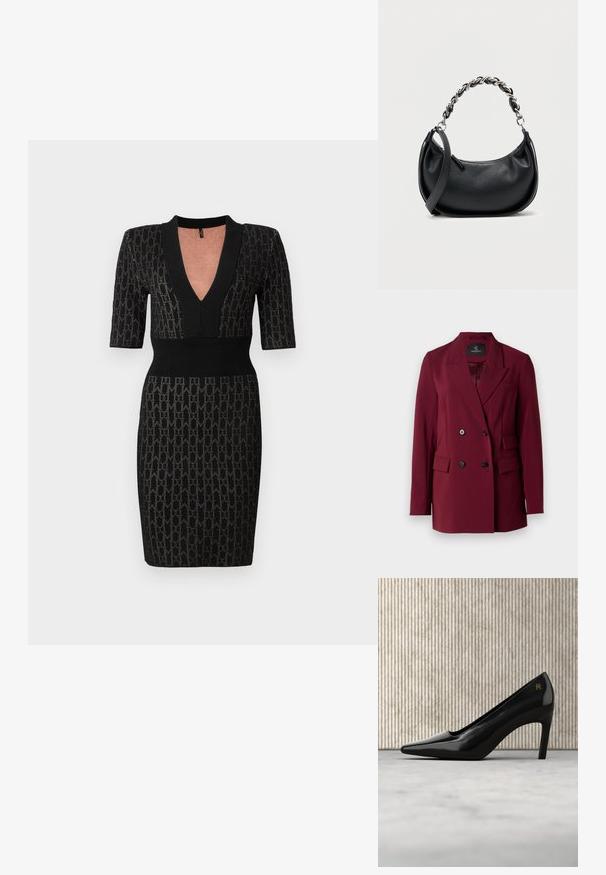 Burgunderfarbener, doppelt knöpfiger Blazer mit geschlitzten Revers, zwei Vordertaschen und schwarzen Knöpfen. Glattes Gewebe mit taillierter Passform.; Schwarzes Strickkleid mit tiefem V-Ausschnitt, kurzen Ärmeln und tailliertem Oberteil. Verfügt über ein strukturiertes Muster und gerippte Akzente am Ausschnitt und der Taille.; Schwarzer High-Heel-Schuh mit spitzer Zehenpartie und goldfarbenem Logodetail, aufrecht stehend auf einer reflektierenden Oberfläche neben einem Metall-Aktenhalter.; Schwarze Lederhandtasche mit abgerundeter Form, doppeltem Träger mit einer massiven silbernen Kette und einem Reißverschluss oben. Glatte Textur.