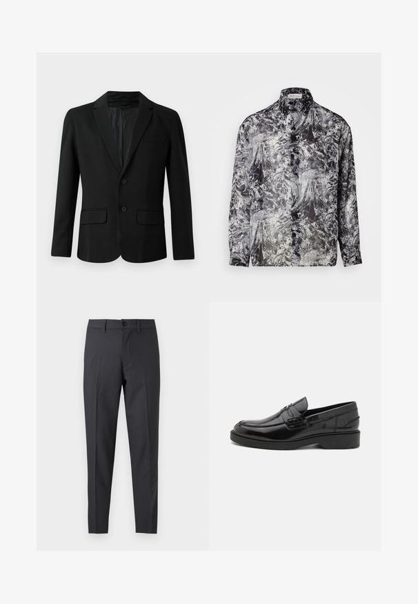 Sort blazer lavet af glat stof, med en enkeltknap closure, to for-lommer, en spids krave og to knapper.; Knappe skjorte i et sort-hvidt abstrakt mønster. Har en klassisk krave, lange ærmer og en let, gennemsigtig stoftekstur.; Mørkegrå skræddersyede bukser med forreste knap og bæltestropper, vist fladt mod en hvid baggrund.; Sorte læder loafers med en glat finish, rund tå, lav hæl og dekorativ syning langs forsiden. Gummisål for godt greb.