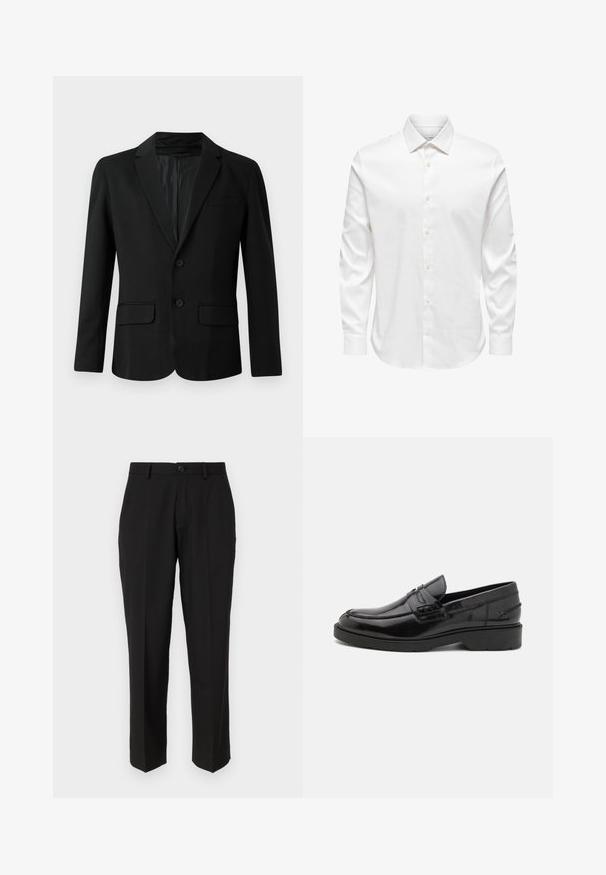Zwarte blazer van gladde stof, met een enkelvoudige sluiting, twee voorkennis, een notched revers en twee knopen.; Wit herenshirt met lange mouwen, een puntige kraag en een rij witte knopen aan de voorkant op een effen achtergrond.; Zwarte broeken van soepele stof, met een rechte pijpconstructie, vo pockets, een enkele knoopsluiting en geen zichtbare patronen.; Zwarte leren instappers met een gladde afwerking, ronde neus, lage hak en decoratieve stiksels aan de voorkant. Rubberen buitenzool voor grip.