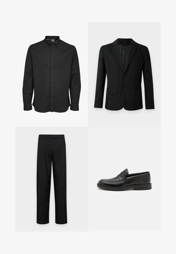 Sort blazer lavet af glat stof, med en enkeltknap closure, to for-lommer, en spids krave og to knapper.; Sort langærmet skjorte med knapper i bomuldsstof, med standard krave, brystlomme og matchende sorte knapper.; Sorte bukser lavet af glat stof, med et lige ben-design, to frontfolder og en standard talje med bæltestropper.; Sorte læderloafers med en syet tådetalje, to vandrette remme over forsiden, og en træhæl. Glat tekstur og afrundet form.