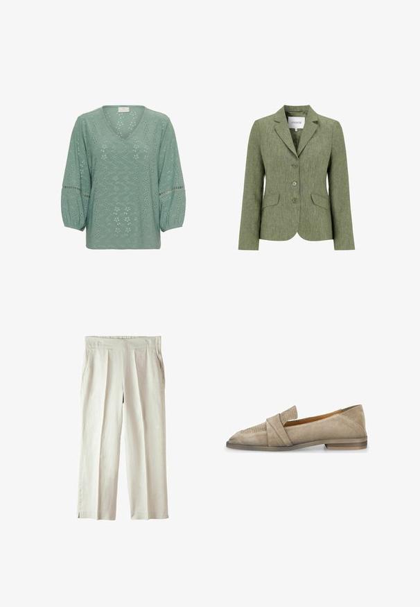 Olivengrøn skræddersyet blazer med notch revers, tre forreste knapper og to klaplommer, størrelse medium fra Newhouse.; Kaffe KATYRA V - Bluse - green bay cc; Lyse beige brede bukser lavet af linned, med en flad talje, frontfolder og sidelommer med en glat tekstur.; Beige ruskindsloafer med trekantet tå, centralt foldet rem og perforerede detaljer, der har en lav brun hæl og en glat overflade.