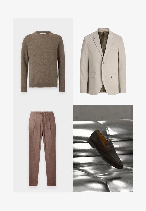 Beige herre blazer med notched revers, enkelt knaplukning, to forlommer med klap og mørk inderforing.; Brun tekstureret strikket langærmet sweater med rund hals og ribbede manchetter samt kant.; Brune, strukturerede bukser med et hørmønster, der har en snøre i taljen og to frontfolder. Lige ben-design.; Brun læder loafersko med en lav sort sål, placeret mod en skinnende, tufted metallisk sølv pude baggrund.