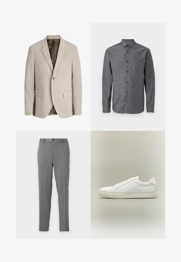 Blazer beige pour homme avec revers à crans, fermeture simple bouton, deux poches avant avec rabat, et doublure intérieure foncée.; Chemise boutonnée grise en tissu texturé, avec un col, des manches longues et une fermeture à boutons sur le devant avec des boutons foncés.; Pantalons gris ajustés avec une texture lisse, un léger motif, une fermeture éclair et un bouton, dotés de poches avant et de jambes fuselées.; Baskets blanches basses à lacets sur l’avant et semelle épaisse, vues de côté sur un fond neutre.