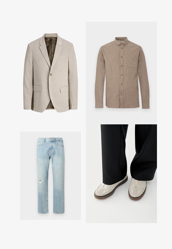 Blazer beige pour homme avec revers à crans, fermeture simple bouton, deux poches avant avec rabat, et doublure intérieure foncée.; Chemise marron à manches longues en tissu texturé, dotée d'un col boutonné, d'une poche avant et de cinq boutons sur la patte de boutonnage.; Jean en denim bleu clair, coupe droite, taille haute, avec fermeture par bouton et zip, poches avant et arrière, et détails usés sur la jambe gauche.; Pieds portant des baskets beige avec des semelles marron et un pantalon noir à jambes larges sur fond blanc.