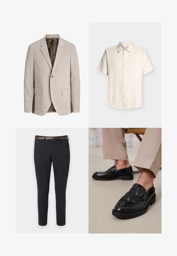Beige men's blazer with notch lapels, single button closure, two front flap pockets, and dark inner lining.; Short-sleeve, button-up men's shirt in off-white textured fabric with a soft collar, displayed on a light gray background.; Dark navy slim-fit trousers with front pockets and a brown leather belt against a white background.; Black leather loafers with a smooth finish, featuring a decorative strap and contrast stitching, paired with beige trousers.