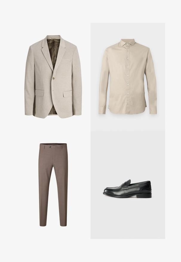 Beiger Herrenblazer mit Kerb-Revers, Ein-Knopf-Verschluss, zwei vorderen Pattentaschen und dunklem Innenfutter.; Beige langärmeliges Hemd aus Baumwolle mit geradem Schnitt, Knopfleiste am Kragen und durchgehender Knopfleiste vorne. Glatte Textur ohne Muster.; Braune Slim-Fit formelle Hose mit Knopf und Gürtelschlaufen, vor weißem Hintergrund dargestellt.; Schwarze Lederloafers mit glatter Oberfläche, gesteppten Details über dem Vorderblatt und einem leicht erhöhten Absatz.