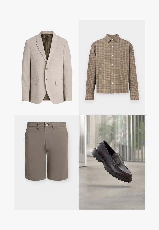 Blazer beige pour homme avec revers à crans, fermeture simple bouton, deux poches avant avec rabat, et doublure intérieure foncée.; Chemise à manches longues à boutons avec motif à carreaux marron et beige, col classique et boutons blancs sur le devant.; Shorts pour hommes de couleur taupe, longueur au genou, avec fermeture à boutons, passants pour ceinture et poches latérales, présentés sur un fond blanc.; Chaussure à enfiler en cuir marron avec un bout rond et une semelle en caoutchouc noire robuste. Présente une bride décorative traversant le coup de pied.