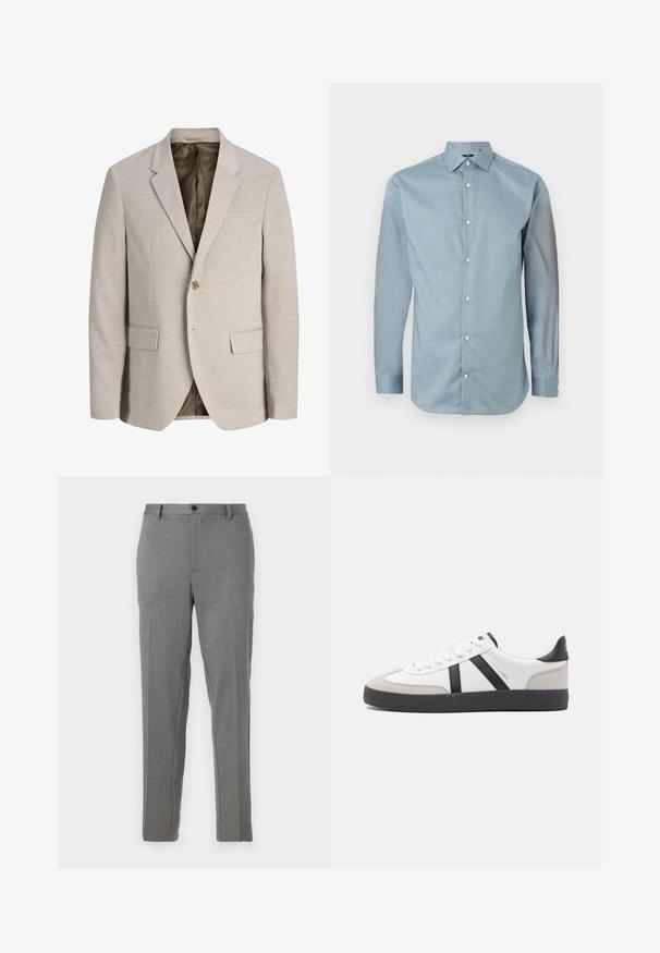 Blazer beige para hombre con solapas con muesca, cierre de un solo botón, dos bolsillos delanteros con solapa y forro interior oscuro.; Camisa abotonada azul claro con un patrón texturizado, mangas largas y un cuello clásico. Presenta botones blancos y un dobladillo curvado.; Pantalones gris ajustados que presentan una textura suave, un ligero patrón, cierre de cremallera y botón, con bolsillos frontales y piernas acampanadas.; Zapatilla blanca con acentos en negro y gris, que presenta una puntera texturizada en gris, suela de goma negra y cordones planos blancos. Diseño limpio, estilo minimalista.