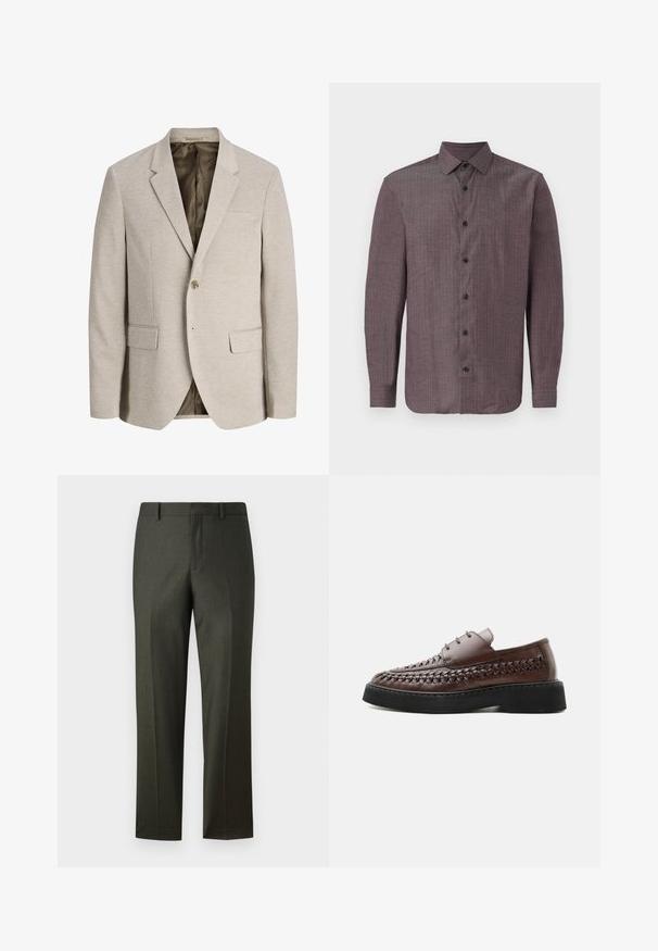 Beige herre blazer med notched revers, enkelt knaplukning, to forlommer med klap og mørk inderforing.; Langærmet skjorte med knaplukning i et mørkbordeaux stof med en subtil tekstur. Har en klassisk krave og sorte knapper ned foran.; Mørkegrønne skræddersyede bukser med en glat tekstur, lige pasform, bæltestropper og frynser foran. Ingen synlige lommer eller dekorationer.; Brun læder snørestøvle med vævede detaljer langs siderne og en tyk sort platformsål, vist i profil på hvid baggrund.