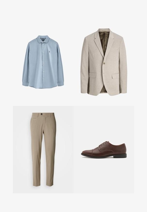 Beiger Herrenblazer mit Kerb-Revers, Ein-Knopf-Verschluss, zwei vorderen Pattentaschen und dunklem Innenfutter.; Himmelblaues Hemd mit langen Ärmeln, Knopfleiste und Kragen sowie einem kleinen, dunkel gestickten Figurenlogo auf der linken Brust.; Beige maßgeschneiderte Hose mit flacher Vorderseite, Seitentaschen, Gürtelschlaufen und einem einzelnen schwarzen Knopfverschluss. Glatte Stofftextur.; Braune Leder-Schnürschuhe mit einer eleganten, abgerundeten Zehenpartie, subtilen Nähten und einem niedrigen schwarzen Gummiabsatz.