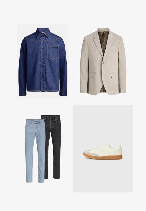 Blazer beige para hombre con solapas con muesca, cierre de un solo botón, dos bolsillos delanteros con solapa y forro interior oscuro.; Camisa de mezclilla azul oscuro de manga larga con cuello punta, botones en el frente, bolsillo en el pecho y costuras en contraste de color naranja.; Dos pares de vaqueros clásicos de pierna recta, uno azul claro y otro negro, mostrados uno al lado del otro sobre un fondo blanco.; Zapatilla de cuero blanca con puntera beige y suela de goma marrón claro. Presenta cordones planos blancos y una marca en relieve en el lateral.