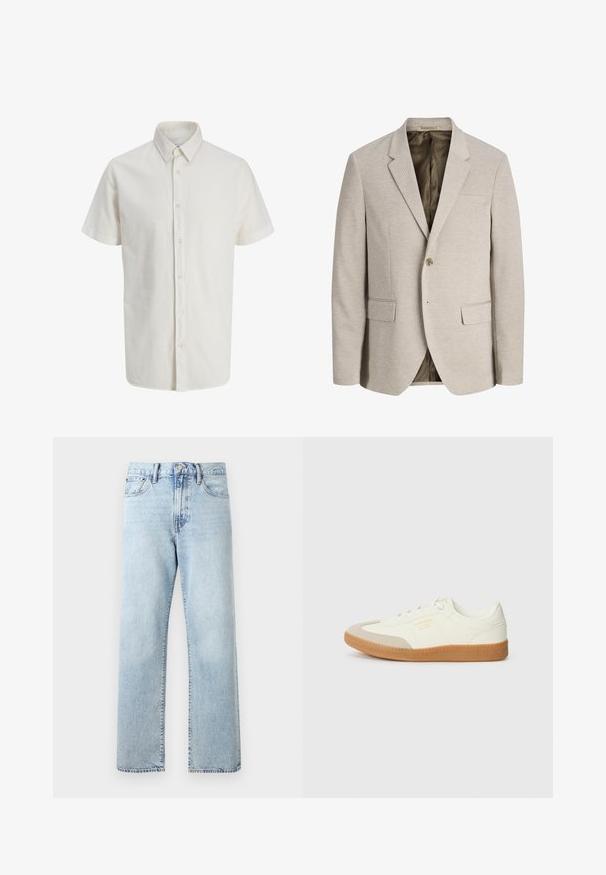 Blazer beige pour homme avec revers à crans, fermeture simple bouton, deux poches avant avec rabat, et doublure intérieure foncée.; Chemise blanche à manches courtes avec col pointu et sept boutons visibles sur le devant.; Jean en denim bleu clair taille haute à jambes droites avec poches avant, fermeture par boutons et passants de ceinture sur fond uni.; Baskets en cuir blanc avec une coque beige et une semelle en caoutchouc marron clair. Dotées de lacets blancs plats et d'un logo embossé sur le côté.