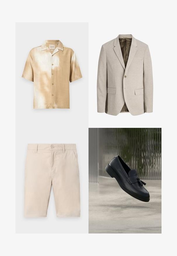 Blazer beige pour homme avec revers à crans, fermeture simple bouton, deux poches avant avec rabat, et doublure intérieure foncée.; Chemise à manches courtes avec boutons, motif tie-dye beige et blanc, col pointu et cinq boutons sur le devant.; Shorts beige jusqu'au genou avec fermeture par bouton, passants pour ceinture et poches latérales, posés à plat sur un fond blanc.; Mocassins en cuir noir avec une texture lisse, un bout arrondi et des pampilles décoratives à l'avant. Semelle en caoutchouc flexible avec un petit talon.