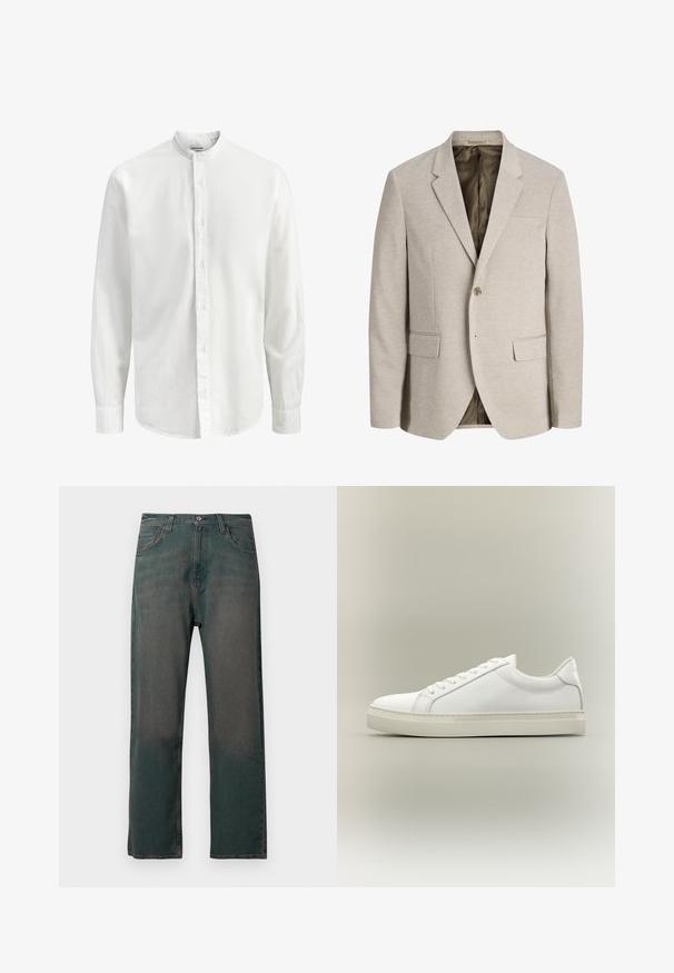 Blazer beige pour homme avec revers à crans, fermeture simple bouton, deux poches avant avec rabat, et doublure intérieure foncée.; Chemise blanche à manches longues avec col mao et fermeture à boutons sur le devant, présentant un tissu lisse et uni ainsi que des poignets étroits.; Jean en denim vert foncé avec une coupe droite, doté d'un design classique à cinq poches et de coutures contrastantes le long des coutures.; Baskets blanches basses à lacets sur l’avant et semelle épaisse, vues de côté sur un fond neutre.