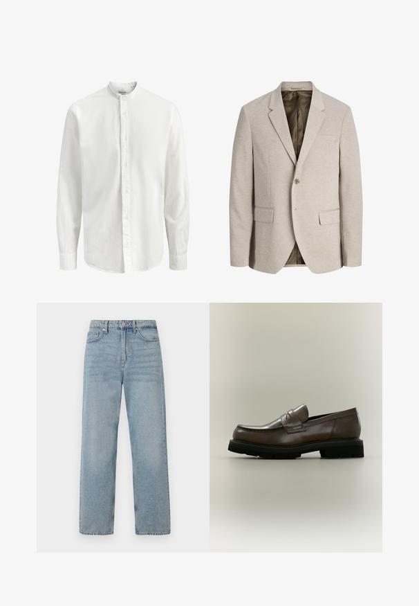 Blazer beige pour homme avec revers à crans, fermeture simple bouton, deux poches avant avec rabat, et doublure intérieure foncée.; Chemise blanche à manches longues avec col mao et fermeture à boutons sur le devant, présentant un tissu lisse et uni ainsi que des poignets étroits.; Jean en denim bleu clair à taille haute, coupe droite, avec cinq poches et un léger délavage pour un effet usé.; Mocassin en cuir marron avec semelle épaisse en caoutchouc noir, talon bas et une bride sur la partie supérieure, vu de côté sur un fond neutre.