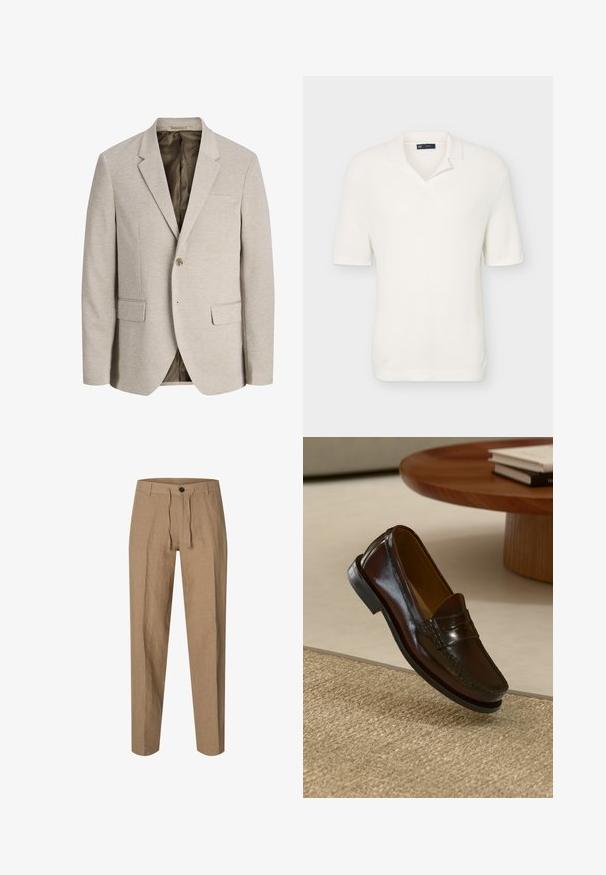 Beiger Herrenblazer mit Kerb-Revers, Ein-Knopf-Verschluss, zwei vorderen Pattentaschen und dunklem Innenfutter.; Weißes kurzärmeliges Strick-Poloshirt mit weichem Kragen und gerippter Struktur, vor einfachem hellem Hintergrund gezeigt.; Hellbraune gerade geschnittene Hose mit Knopf- und Kordelverschluss, Gürtelschlaufen und subtiler Stoffstruktur auf weißem Hintergrund.; Braune Leder-Lederschuhe mit glänzender Oberfläche, die eine gestickte Detail entlang der Vorderseite und eine niedrigprofilierte schwarze Gummisohle aufweisen.