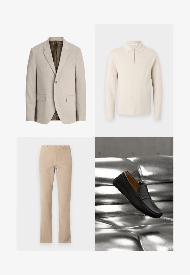 Beige herre blazer med notched revers, enkelt knaplukning, to forlommer med klap og mørk inderforing.; Beige langærmet sweater med krave og en kort lynlås foran, vist på hvid baggrund.; Beige bomuldsfløjl bukser med lige ben, med knaplukning, fem lommer og glat tekstur.; Sort læderloafer, der svæver over en skinnende sølvfarvet tuftet lædersofa med blød belysning.