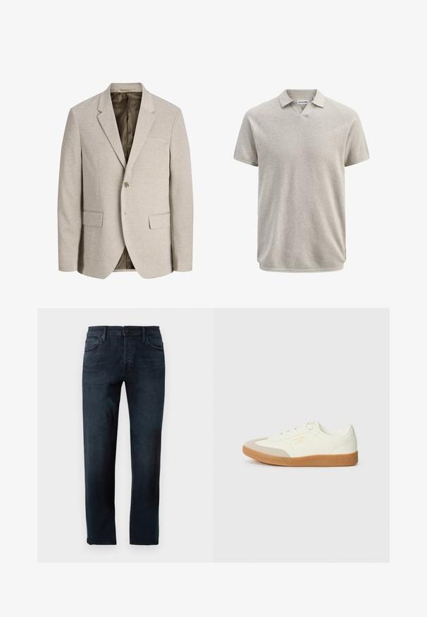 Beige herenjasje met ingesneden revers, enkele knoopsluiting, twee voorzakken met klep en een donkere voering.; Beige poloshirt met korte mouwen en structuur, voorzien van een kraag en een lichte V-hals, met het label Jack & Jones.; Donkerblauwe jeans, gemaakt van denim stof, met een rechte pijpdesign, een sluiting met een knop en rits aan de voorkant, en vijf zakken.; Schoen gemaakt van wit leer met een beige teenkap en een lichtbruine rubberen zool. Voorzien van platte witte veters en reliëfbranding aan de zijkant.