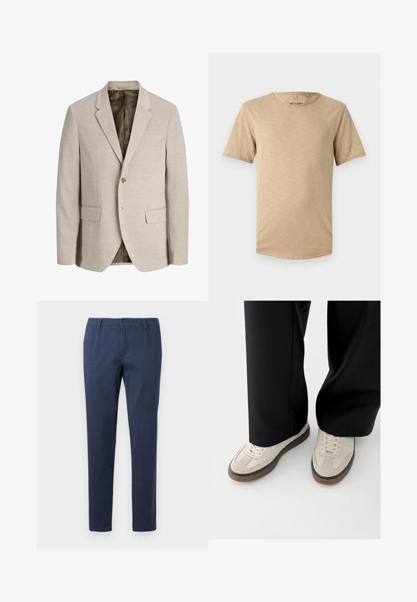Beige herre blazer med notched revers, enkelt knaplukning, to forlommer med klap og mørk inderforing.; Beige kortærmet t-shirt lavet af blødt stof. Har en rund halsudskæring og en let struktureret overflade med en buet kant.; Marineblå bukser lavet af letvægtsstof, med en frontknaplukning, to sidelommer og en lige snit.; Fødder iført beige sneakers med brune såler og sorte bukser med vide ben på hvid baggrund.