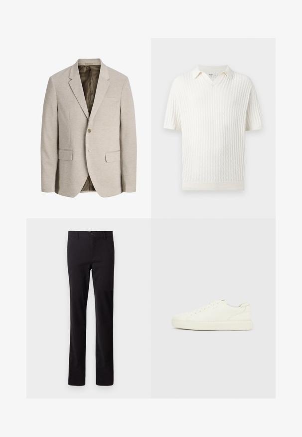 Beiger Herrenblazer mit Kerb-Revers, Ein-Knopf-Verschluss, zwei vorderen Pattentaschen und dunklem Innenfutter.; Weißes Kurzarm-Strickshirt mit strukturiertem Wellenmuster und offenem Kragen, aus weichem Stoff.; Schwarze Hose aus Baumwollmischgewebe; mit geradem Beinschnitt und einem vorderen Knopfverschluss. Keine sichtbaren Muster oder Verzierungen.; Weißer Sneaker in niedriger Ausführung mit Schnürverschluss, glattem Lederobermaterial und dicker Gummisohle, von der Außenseite vor einem einfarbigen Hintergrund gezeigt.