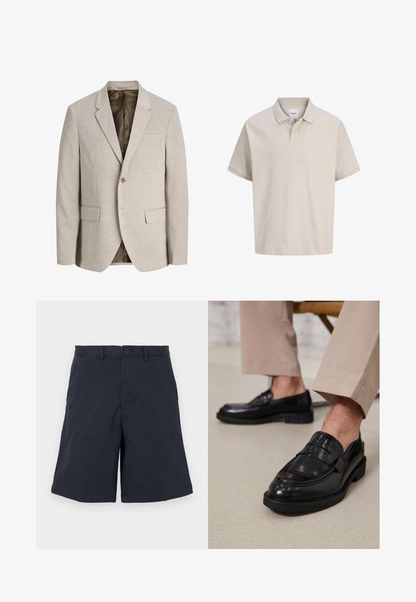 Beige herre blazer med notched revers, enkelt knaplukning, to forlommer med klap og mørk inderforing.; Beige kortærmet polo med subtile lodrette striber, en klassisk krave og en to-knaps stolpe.; Marineblå shorts lavet af bomuld, med knaplukning, sidelommer og lige ben. Stoffet har en blød tekstur.; Sorte lædermokkasiner med en glat overflade, der har en dekorativ rem og kontraststing, parret med beige bukser.