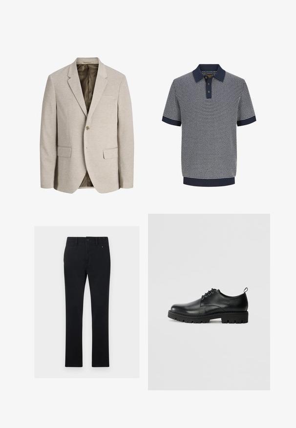 Blazer beige pour homme avec revers à crans, fermeture simple bouton, deux poches avant avec rabat, et doublure intérieure foncée.; Polo homme à manches courtes en maille bleu marine et blanche avec motif ondulé, patte de boutonnage à trois boutons, col, manches et ourlet côtelés.; Pantalons en coton noirs à coupe droite, avec une fermeture à bouton et zip, cinq poches et des détails de coutures subtils.; Chaussure en cuir noir à bout arrondi, présentant un design à lacets, une semelle en caoutchouc noire robuste et un petit onglet de talon à l'arrière.