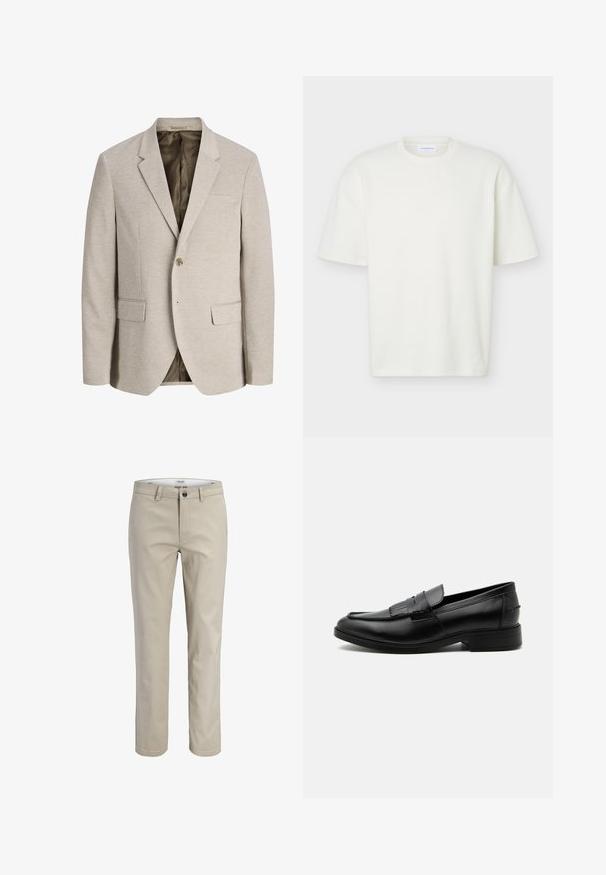 Blazer beige pour homme avec revers à crans, fermeture simple bouton, deux poches avant avec rabat, et doublure intérieure foncée.; T-shirt blanc texturé à manches courtes, col rond, coupe régulière et petite étiquette de marque à l'intérieur du col.; Pantalon beige droit avec passants de ceinture, fermeture par bouton et poches avant, présenté sur fond blanc.; Mocassin homme en cuir noir avec détail pompon, bout arrondi, talon bas et finition polie lisse, montré de profil sur fond blanc.