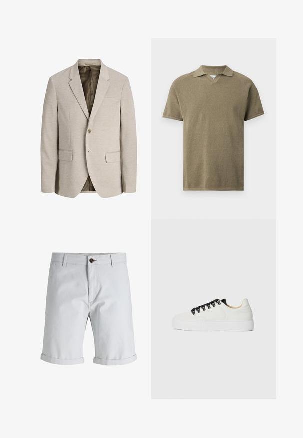 Blazer beige pour homme avec revers à crans, fermeture simple bouton, deux poches avant avec rabat, et doublure intérieure foncée.; Polo à manches courtes vert olive texturé avec un col évasé et une encoche en V au niveau du décolleté, présenté sur un fond uni.; Short gris clair longueur genou avec ourlets retroussés, passants pour ceinture, poches latérales et fermeture par bouton marron à la taille.; Baskets blanches montantes avec semelle épaisse, crochets de lacets noirs, lacets noirs et doublure intérieure beige sur un fond blanc uni.