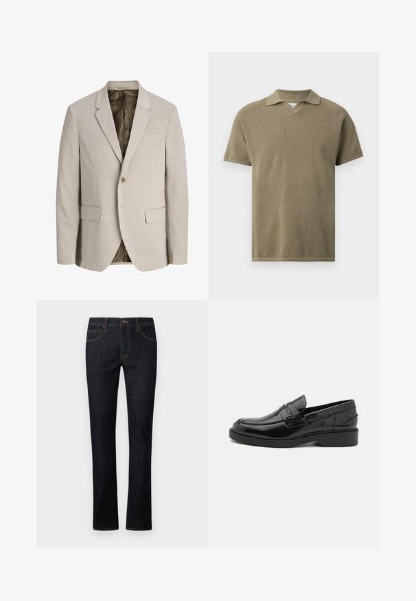 Beige herenjasje met ingesneden revers, enkele knoopsluiting, twee voorzakken met klep en een donkere voering.; Olijfgroen textuur poloshirt met korte mouwen, een spreidkraag en een V-vormige inkeping bij de halslijn, weergegeven tegen een effen achtergrond.; Donkerblauwe denim jeans met een recht model, voorzien van oranje stiksels, een vijf-pocket ontwerp en een sluiting met een knoop aan de voorkant.; Zwarte leren instappers met een gladde afwerking, ronde neus, lage hak en decoratieve stiksels aan de voorkant. Rubberen buitenzool voor grip.