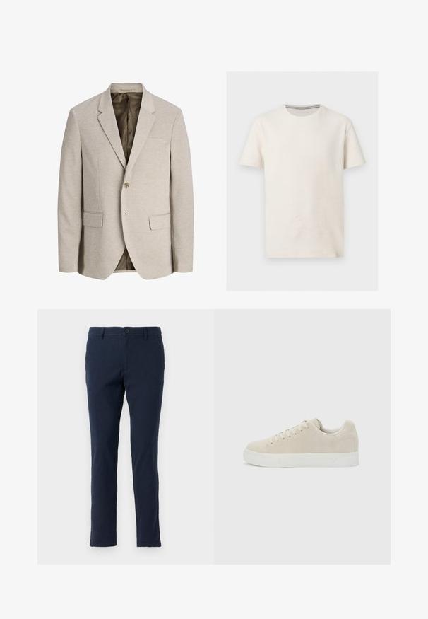 Beige herre blazer med notched revers, enkelt knaplukning, to forlommer med klap og mørk inderforing.; Kortærmet off-white tekstureret bomulds t-shirt med rund halsudskæring og diskret logo på venstre bryst, vist på grå baggrund.; Marineblå bomulds-chinoer med slim fit, der har knap- og lynlås-lukning, bæltestropper og for- samt baglommer. Glat tekstur.; Beige lavt snøresko med snørebånd foran og tyk hvid gummisål på en ensfarvet lysegrå baggrund.